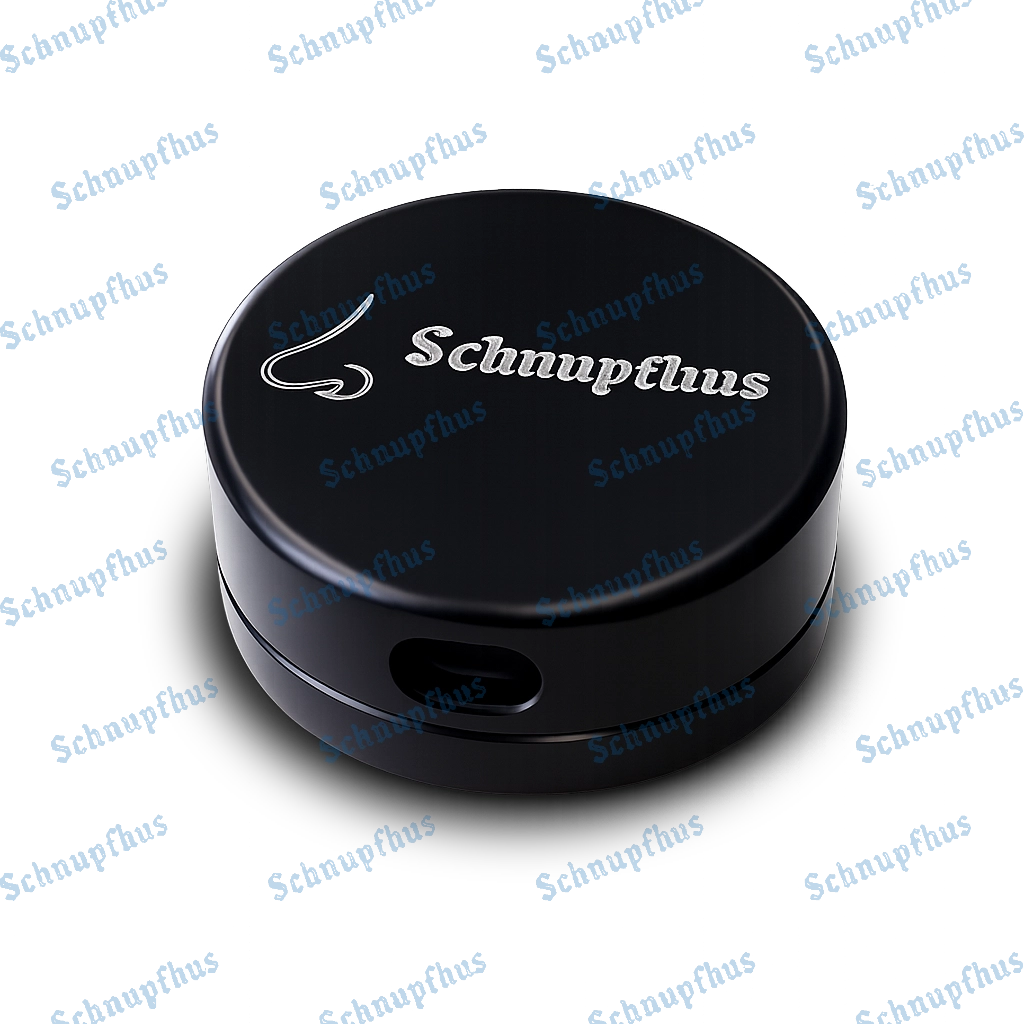 Aluminiumdose, schwarz eloxiert, mit Schnupfhus-Logo